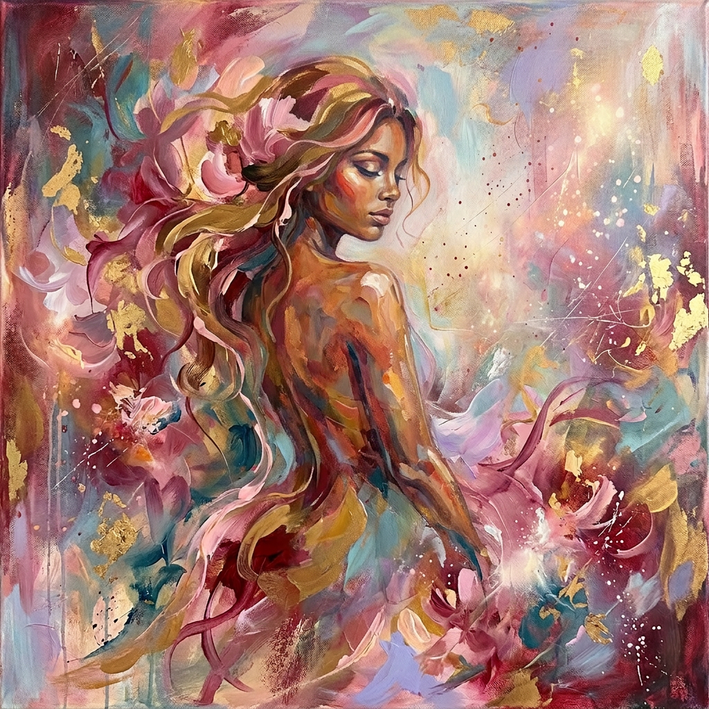 Abstract painting of a calm woman with flowing hair and colorful swirling patterns